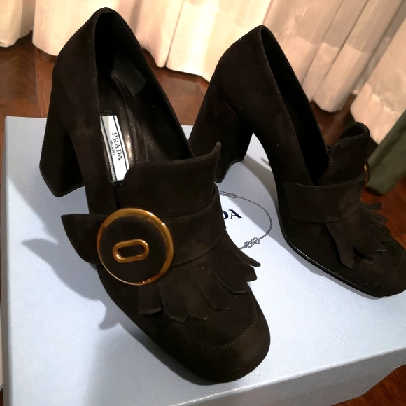 Prada Fringed Loafer Heel in Suede - Picture 1 of 5
